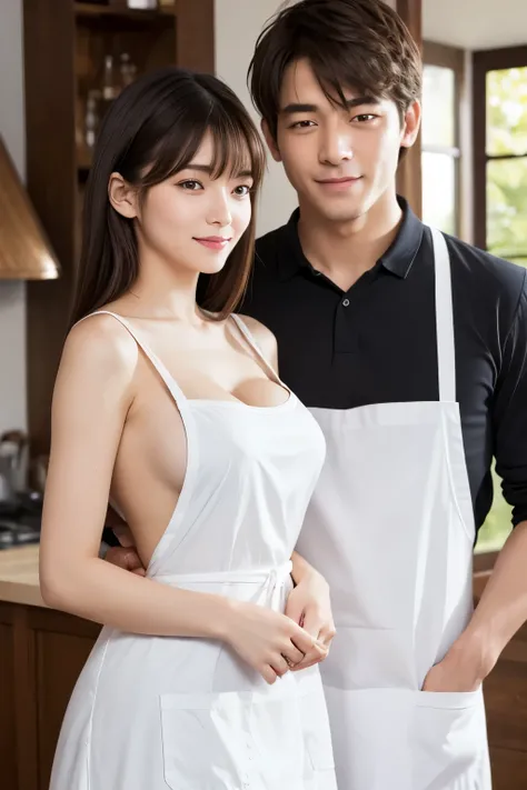 (masterpiece), best quality, expressive eyes, perfect face, 1girl, 1man, breasts, looking at viewer, blush, smile, open mouth, bang, cleavage, bare shoulders, collarbone, :d, heart, sidelocks, thighs, frills, indoors, blunt bangs, blurry, apron, leaning fo...