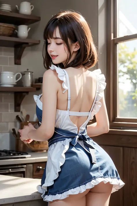 (masterpiece), best quality, expressive eyes, perfect face, 1girl, 1man, breasts, looking at viewer, blush, smile, open mouth, bang, cleavage, bare shoulders, collarbone, :d, heart, sidelocks, thighs, frills, indoors, blunt bangs, blurry, apron, leaning fo...