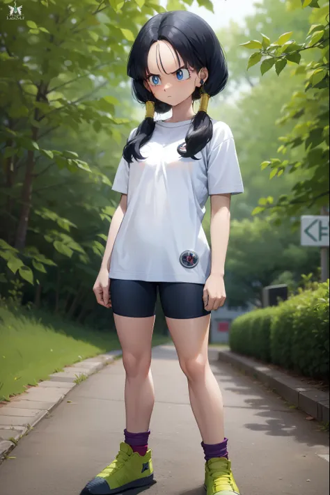 Videl,Saw 2,Low Twintails,White T-shirt,badge, bicycle_Shorts,Green shoes,Serious face,forest,Standing with your legs apart,blue eyes,Full body image,from the front,Put your hands down,