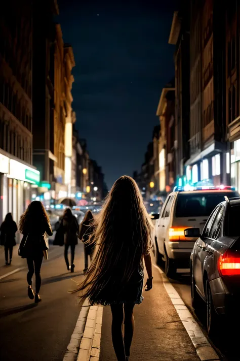 in the evening, the lights are on, the street, the traffic, the crowd, the long-haired girl walks alone