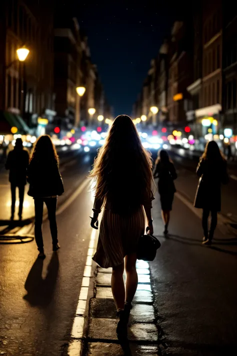 in the evening, the lights are on, the street, the traffic, the crowd, the long-haired girl walks alone