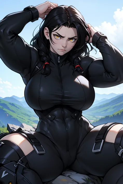 girl sitting on top of a mountain black hair yellow eyes pale skin huge muscles massive breasts empty eyes frown 