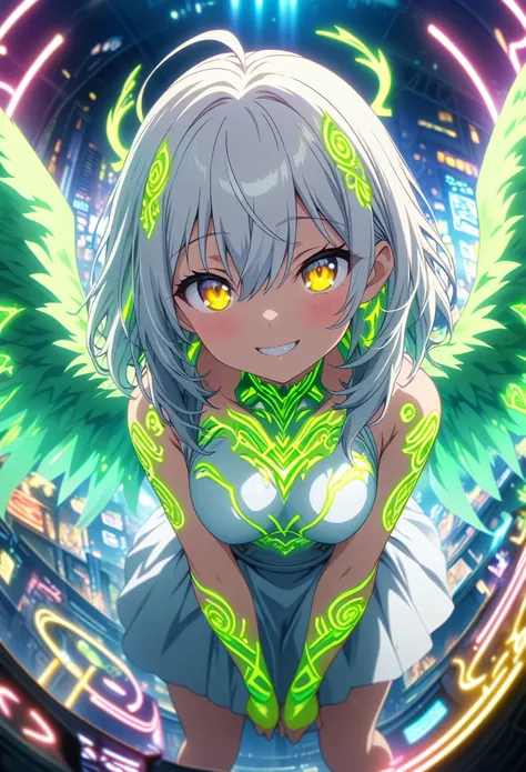 Masterpiece, highest quality, highly detailed CG Unity 8K wallpaper, one girl, anime screenshots, neon green tattoos all over the body, big wings with neon light, the best smile, depth of field, white hair, yellow eyes, fisheye lens