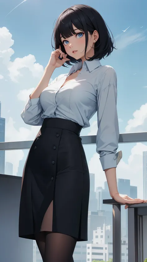 Highest quality, flying debris、Beautiful woman、office lady、Black Hair、(Dark blue eyes、Blunt bangs)、short hair、new employee,whole bodyショット、Female office lady、break(Light blue collarless shirt、Black pencil long skirt:1.2)、(black tights、High heels)、break(Outd...