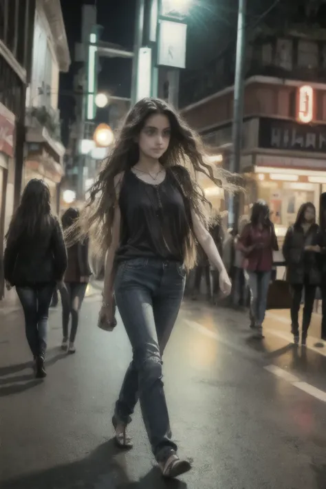 In the evening, the lights are on, the street, the traffic, the crowd, the long-haired girl walks alone