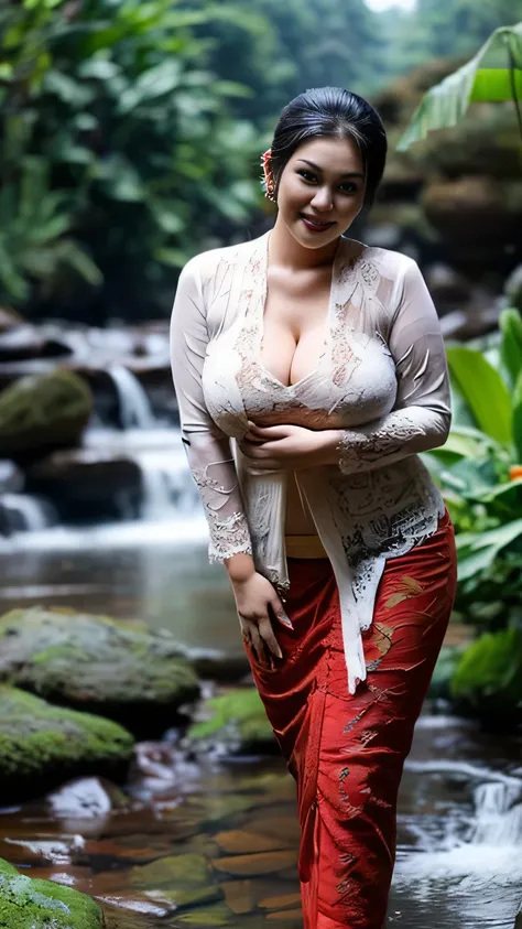 RAW, Best quality, high resolution, masterpiece: 1.3), beautiful Thai woman, Masterpiece, rain, perfect wet soaked body, wet clothes, (huge breasts:1.3), cleavage cutout, open breast, black chignon hair, open stand, realistic, dark hairy pussy, Soft smile,...