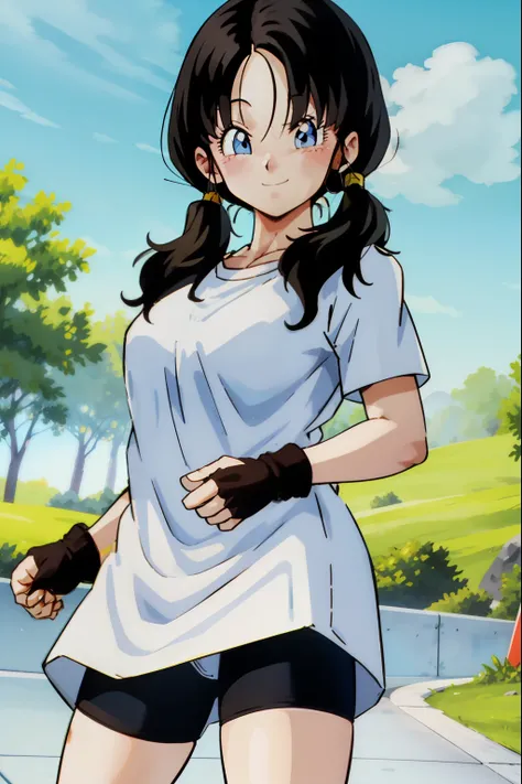 Videl,Saw 2,Low Twintails,White T-shirt,badge, bicycle_Shorts,smile,forest,Standing with your legs apart,blue eyes,from the front,Arms behind the body,close-up,blush,