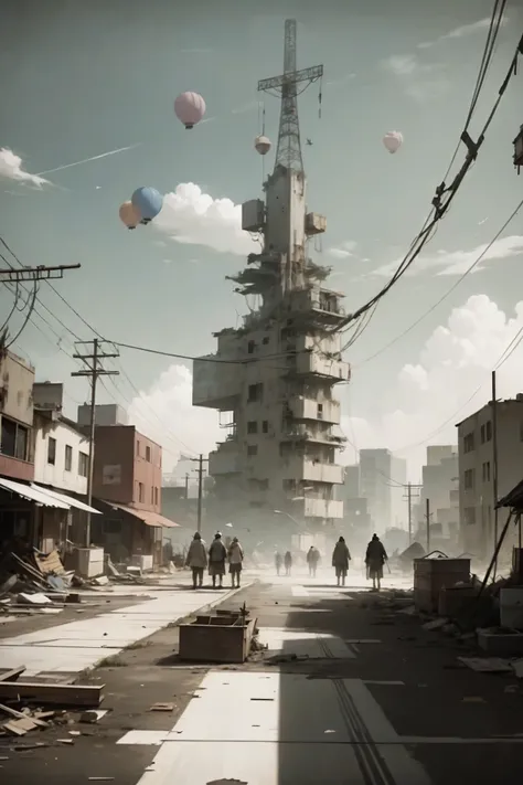 wide shot, painting, drawing outlines. dozens of people in a repaired apocalyptic town, post-apocalypse, very tall makeshift building in the direct center, powerlines everywhere, tattered banners along the buildings, disheveled people wandering the streets...