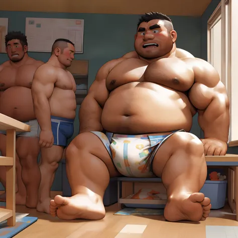 masterpiece, Top quality, in 32K, perfect anatomy, hyper detailed, super fine illustration, The thick man is a brutal prisoner, retarded, hairy, human, 50yo in japan, (fatness: 1.0), Fatty muscle, Bowleg, disappointment, incontinent, be diaper check by chi...