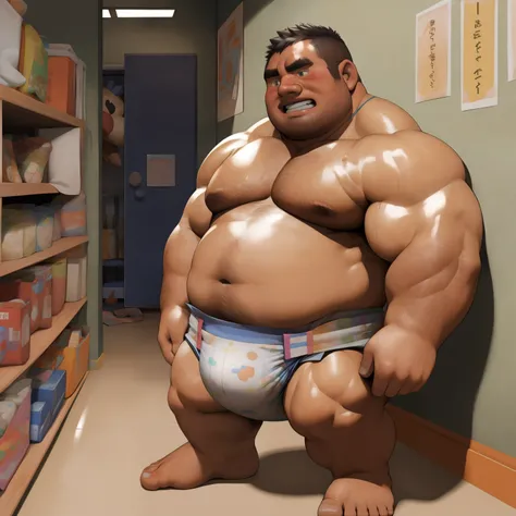 masterpiece, Top quality, in 32K, perfect anatomy, hyper detailed, super fine illustration, The thick man is a brutal prisoner, retarded, hairy, human, 50yo in japan, (fatness: 1.0), Fatty muscle, Bowleg, disappointment, incontinent, be diaper check by chi...