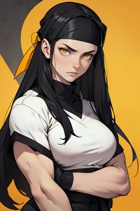 black hair yellow eyes pale skin long hair muscles breasts sad girl headband