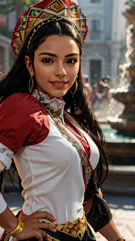 a beautiful young mexican woman, charro hat, long straight black hair, light brown skin, smiling, fighting pose, detailed face, ...