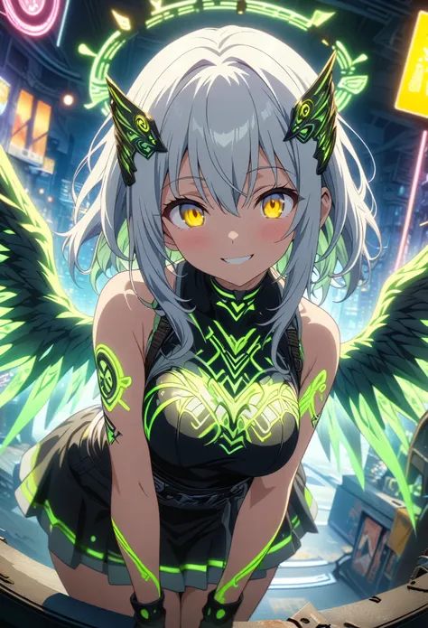 Masterpiece, highest quality, highly detailed CG Unity 8K wallpaper, one mechanics girl, anime screenshots, neon green tattoos all over the body, big mechanics wings with neon light, the best smile, depth of field, white hair, yellow eyes, fisheye lens