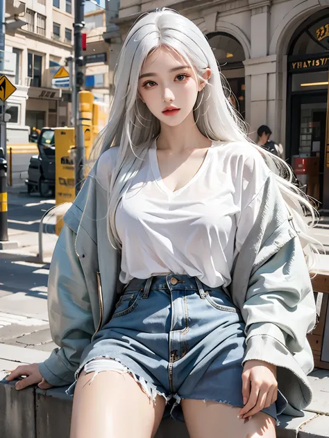 masterpiece,ultra detailed,photorealistic,1 girl,solo,hip up,street wear,white hair