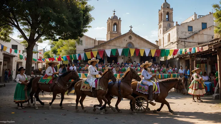 A highly realistic image of a traditional Mexican village filled with charros and women on horseback, wearing colorful and elegant traditional Mexican dresses. They are watching a thrilling horse race in the center of the village, with a stunning, ancient ...