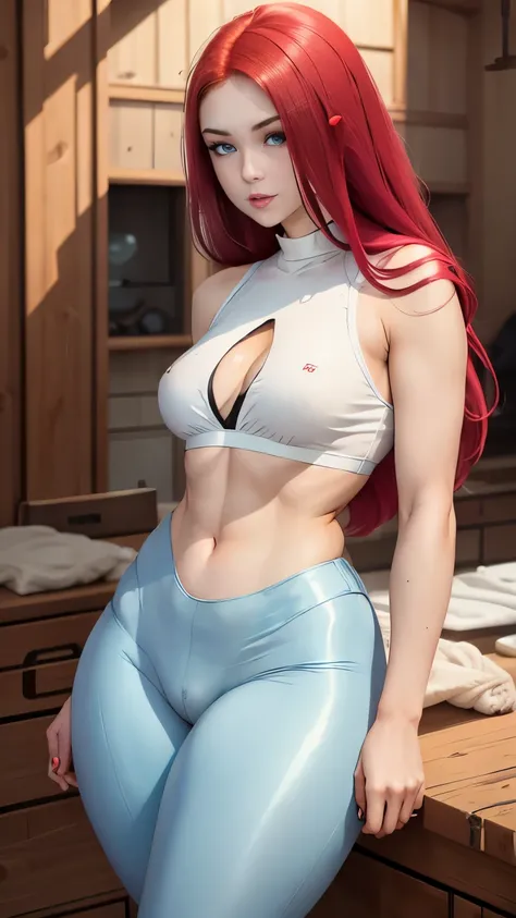 a sexy woman with small breasts wearing a white crop top blue leggings thick quilts long red hair