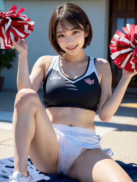 (Top quality、Excellent detail、Extremely detailed depiction、Perfect Anatomy、Perfect Style、Raw photo、Delicate skin、Ultra-high resolution、Photorealistic:1.2)、indoor、Cute woman、Cute smile、A big smile、A seductive smile、(short hair、Baby Face、Cheerleader Costumes...