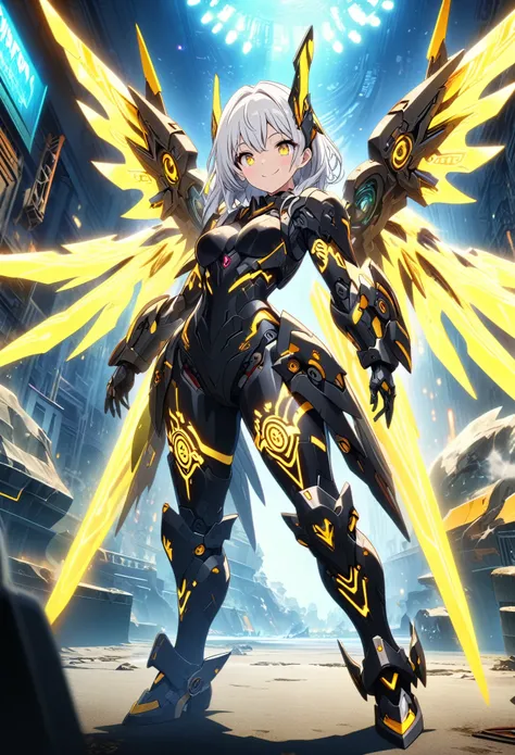 Masterpiece, top quality, highly detailed CG Unity 8K wallpaper, one girl in precise mechanical armor, anime screenshots, full body neon tattoo, big mechanical wings with neon light, the best Smile, depth of field, white hair, yellow eyes, fisheye lens