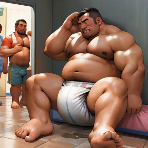 masterpiece, Top quality, in 32K, perfect anatomy, hyper detailed, super fine illustration, The thick man is a brutal prisoner, retarded, hairy, human, 50yo in japan, (fatness: 1.0), Fatty muscle, Bowleg, disappointment, incontinent, be diaper check by chi...