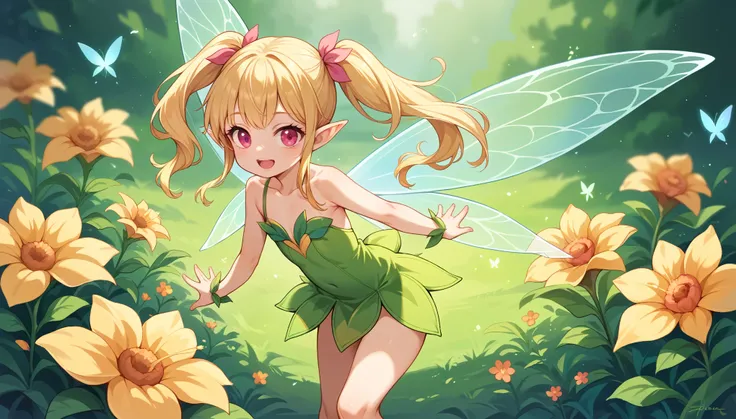 Highest quality,rainbow fairy,Twin tails,Young,Flower Field