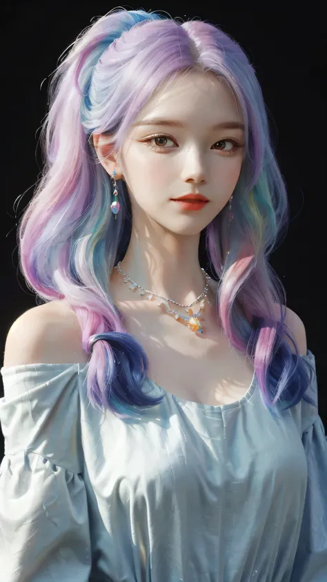 1, incomparable white face, close-up of a woman, black background, hanging with colorful jewelry, off-the-shoulder clothes, colorful, fantasy art style, colorful pastel, beautiful colorful hair, cute colorful cute, anime style. 8k, beautiful and colorful, ...