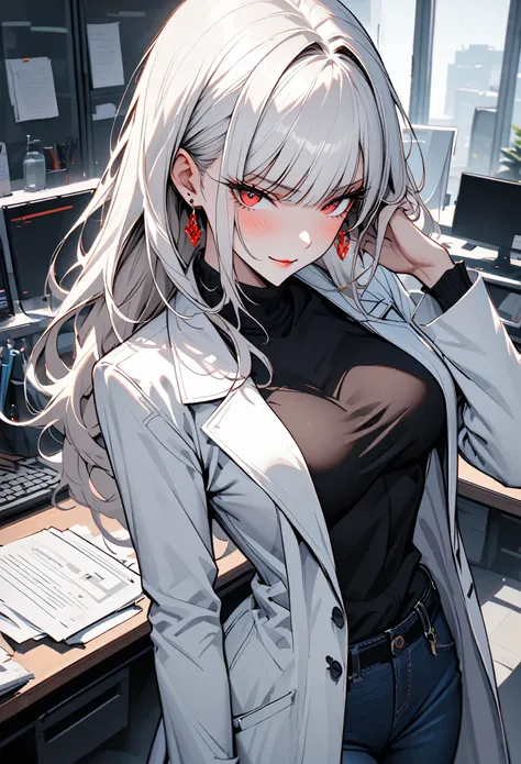 solo, female, red eyes, silky long white hair, tall, curvaceous figure, elegant, casual clothes, futuristic, white lab coat, calm smile, hand on hip, slightly serious, earrings, black turtleneck, lab, jeans, close up, office, papers on desk, adjusting hair...