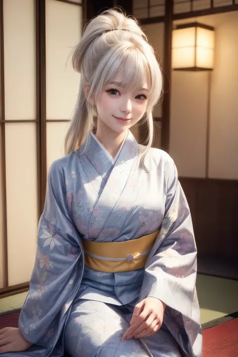 (1 person)、One person、White Hair, Twin tails, smile、Brightly colored kimonos、Queen、Beauty、2、Realistic photos, Beautiful Eyes, Elegant kimono, Soft lighting, Traditional Japanese art style, Vibrant colors, Peaceful atmosphere, Delicate features, Graceful po...