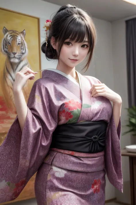 (Dance), ((The background is a beautiful painting)),((The background is an oversized painting)),In front of a painting of a tiger, (Japanese Dance), (色鮮やかなkimono), smile, (１Dancing with people), (dont split the screen), kimono, (stage), (theater), hole, 現t...