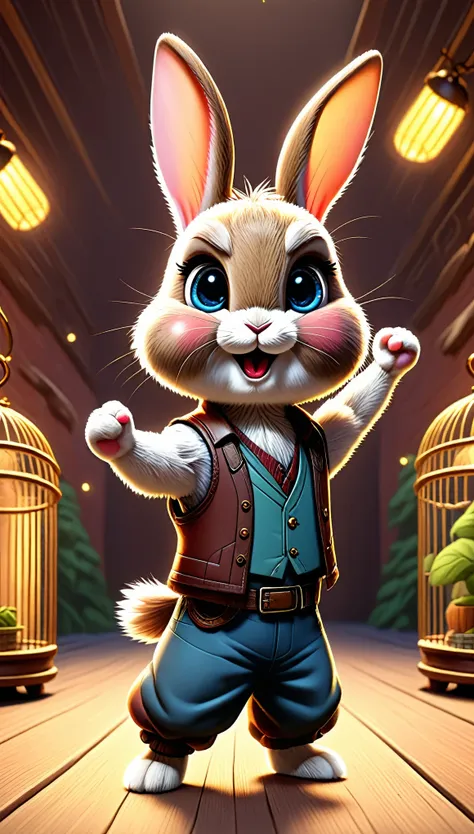 cute rabbit, cartoon , arms, hands ,cute eyes, looking at viewer, arms up, clothes, flawless, firefly, cage background