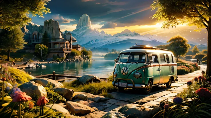 fairytale view with a VW camper van parked in a garden by a pond, dramatic rock formations and mountain range on the horizon, rocks plants flowers shrubs bushes trees moss lawns grass mushrooms fireflies nature weeds,colourful sunset and strong sunbeams, s...