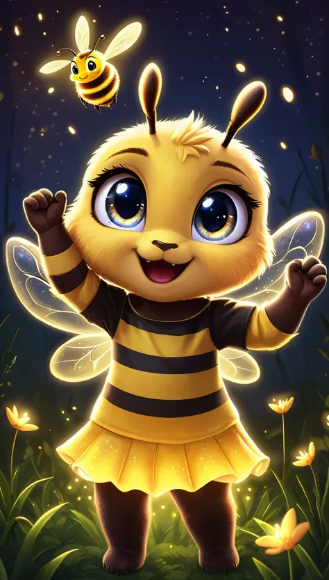 cute bee, cartoon , arms, hands ,cute eyes, looking at viewer, arms up, clothes, flawless, firefly, light