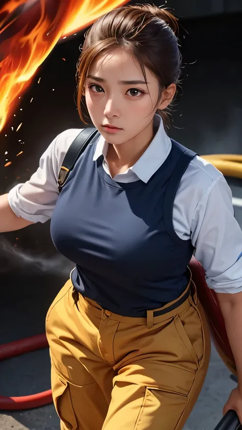 Female firefighter, physical strength, simple workwear, detailed eyes, powerful eyes, extinguishing the fire with a fire hose,