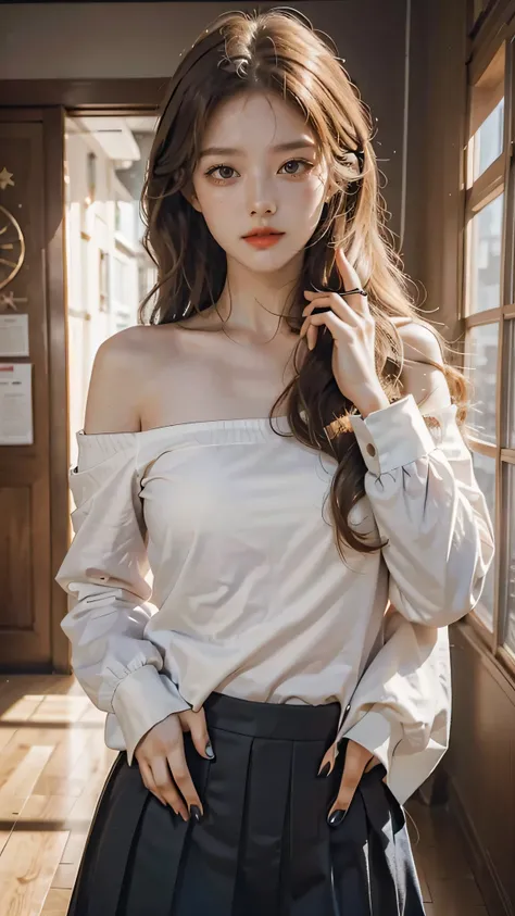 Girl wearing, luxury school uniform, shoulder length hair, wavy hair, expensive hair style, glowing skin, star in eye, red lips, crowded school background, cute poses , blonde hair.