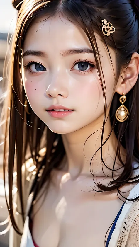 cute, (Brown Hair), ((very bun hair)), Perfect Face, An innocent smile, Upper Body,(blue eyes), (Yan), (small), (thin), ((Flat Chest)), ((Only 16)), Skin dentition, Very detailed, Attractive oval face, Red lips, pink, Glowing Skin, Thin Hair, Face Focus, C...