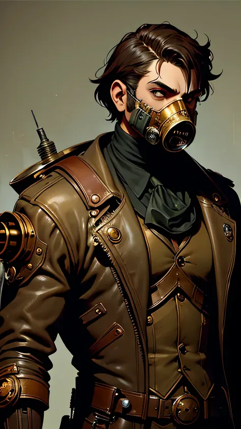 there is a man wearing a gas mask and holding a gun, super-herói steampunk, retrato masculino steampunk, arte digital steampunk,...