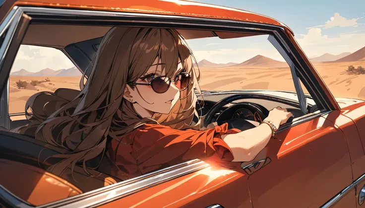 highest quality,beautiful woman driving a car,wearing sunglasses,brown hair long,red body,outside the window is the desert