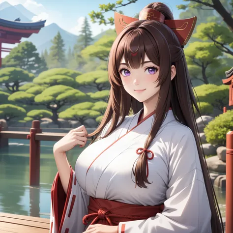 v1.0
tomoe , brown hair. violet eyes, big breasts,  smile, pechos grandes, priestess costume, white and red, japanese miko, ribb...