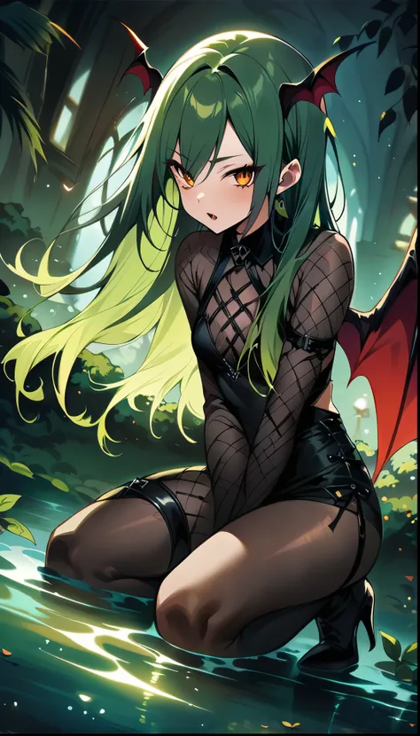 (best quality, masterpiece, dynamic angle, highest detailed), kneeling by a pond, fashion photography of cute succubus girl, gothic, large demon red wings (high resolution textures), long green hair, half demon, cat eyes, vampire very long fangs, (intricat...