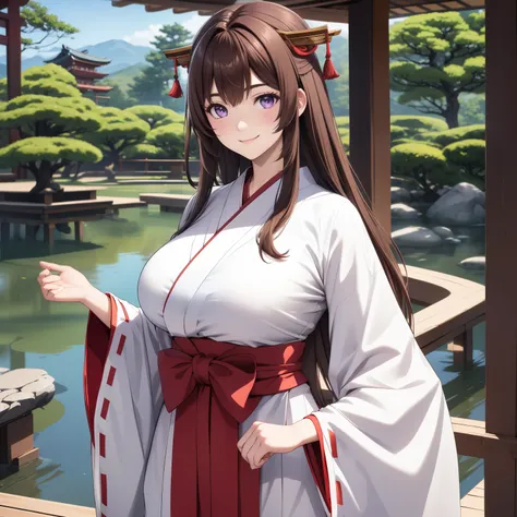 v1.0
Tomoe , brown hair. violet eyes, big breasts,  smile, pechos grandes, priestess costume, White and red, Japanese miko, ribbon on your head, background a Japanese garden.