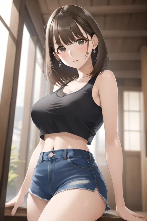 (((masterpiece))),(((High resolution)))、(((8k)))、(((Perfect Face)))、(((The Beauty of Japan)))、
2. Women、(((Beautiful Face))), (((Black crop tank top、Large breasts、Denim mini skirt))),   ((Shiny brown hair, short hair, Brown eyes))、Embarrassed look, Looking...