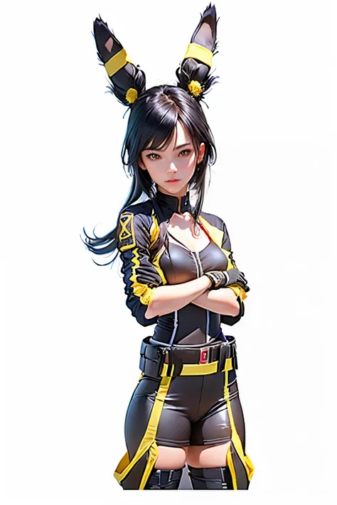 1girl, black hair, umbreon ears, red eyes, beautiful girl in thigh high boots, minishorts, long gloves, posing with guard up like boxer, ultra-detailed, 8k, realistic, photorealistic, photo-realistic, HDR, professional, vivid colors, studio lighting, physi...