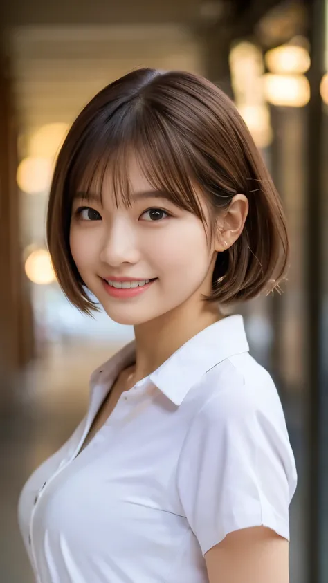 masterpiece, best quality, ultra high res, ultra detailed, sharp focus, 1girl, 独奏, a stunning pretty and beautiful Japanese sexy model, 19yo, looking at viewer:1.3, (bright smile:0.6), wearing a (blouse), dusk, sunset, night, realistic, Slender, (standing:...
