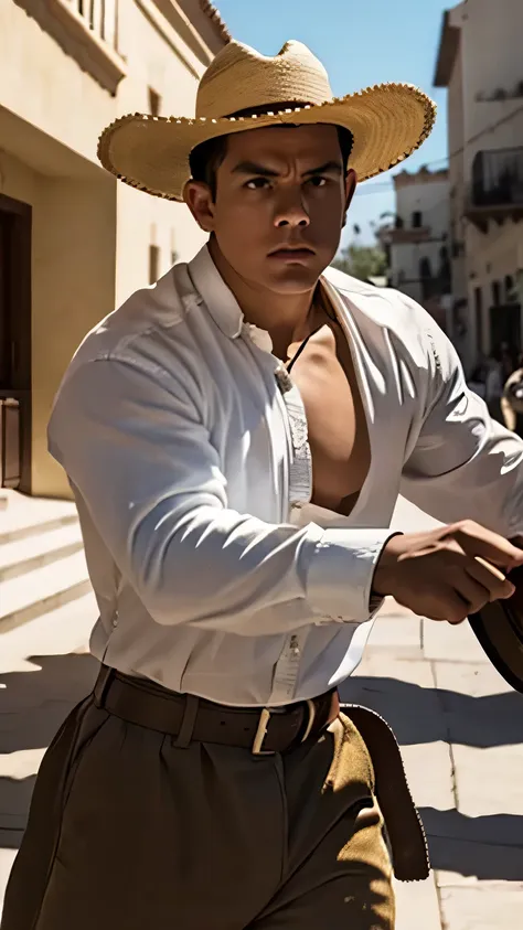 light-skinned mexican man wearing a mariachi hat. fighting pose. in front of a mexican plaza.