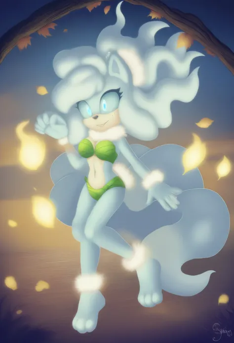 female, Alolan Ninetales, Mobian, minimalistic leaf bikini, exposed midriff, woven leaves, natural design, elegant, vines manipulation, leaf control, freezing mist, ice powers, nature-themed, mystical, flowing hair, graceful, icy aura, nine tails, delicate...