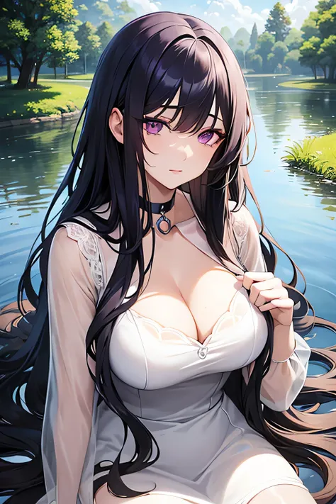 Beautiful mature anime woman, very long wavy black hair, bangs, pale skin, purple eyes, choker, detailed face, pretty eyes, nature, pond