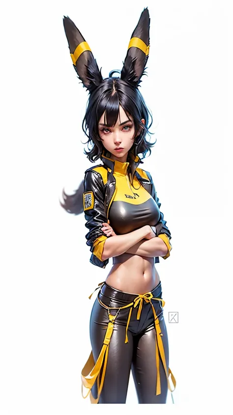 a girl with black hair, umbreon ears, red eyes, wearing black leggins shorts, pink sports bra, medium breasts, open black leather jacket, round ass, big hips, detailed face, beautiful detailed eyes, beautiful detailed lips, extremely detailed eyes and face...