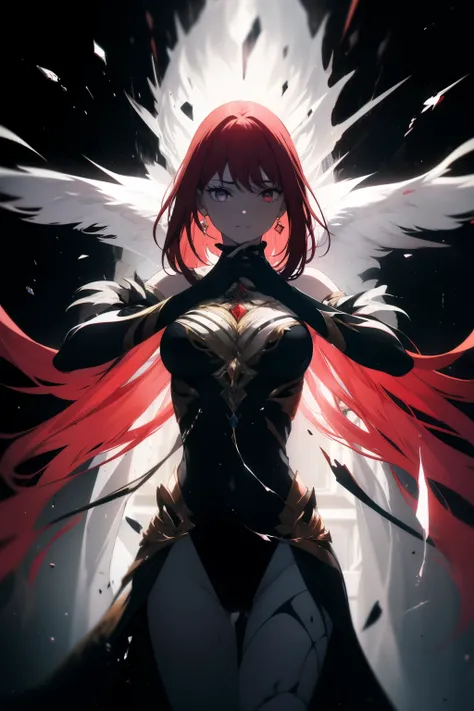 

"A female figure with red hair and a white lace leotard, standing in a powerful stance, surrounded by dark energy swirling around her hands. Dark energy rays emanate from all directions, converging towards his hands as if stealing the life energy from hi...