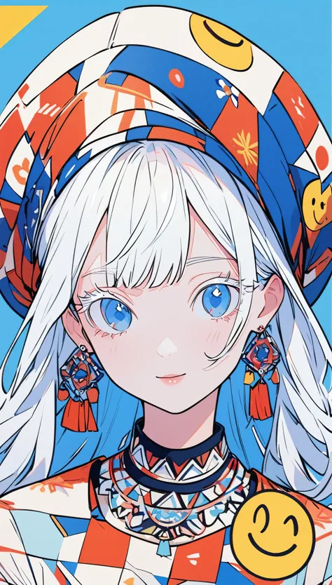 The Minimalists，Fashion Girl，White hair，Blue Background，Wear special earrings，Bohemian style，Clear lashes，Bright blue eyes，Clean通透的眼珠，closure，Smiley face flat illustration，geometry，Clean，Japanese Manga