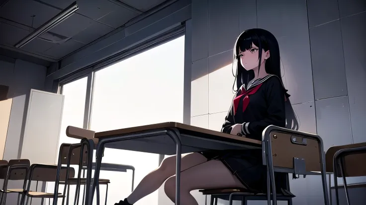 A girl sitting in the corner of a classroom, staring out the window with a look of dissatisfaction. Her expression reflects frustration and rebellion, as the strict school rules are symbolized by her skirt length and hair color, which conform to the rigid ...