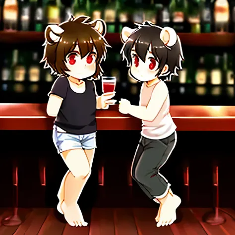 black-haired, barefoot little shota walks in the bar background，(black fur， delicate fur， red eyes， brunette hair），sweet